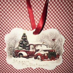 2 Vintage Christmas red pick up truck ornament